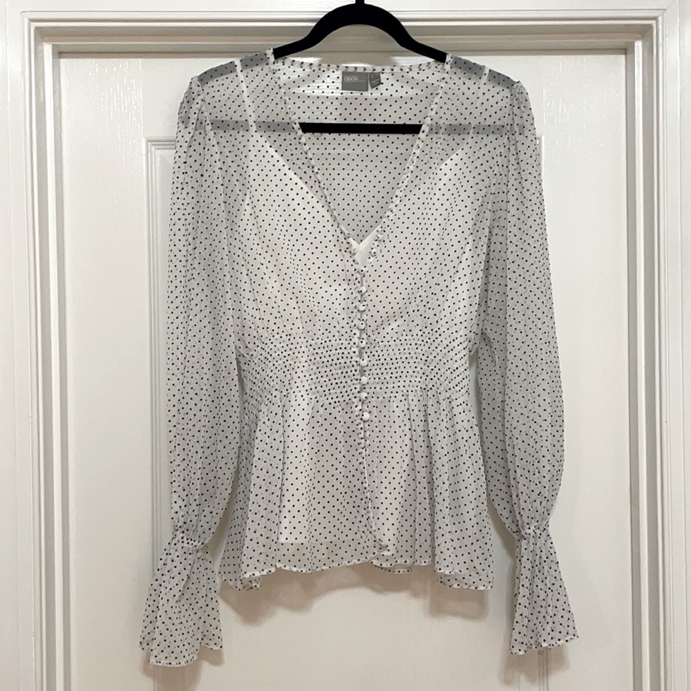 White sheer button up top with attached tank top